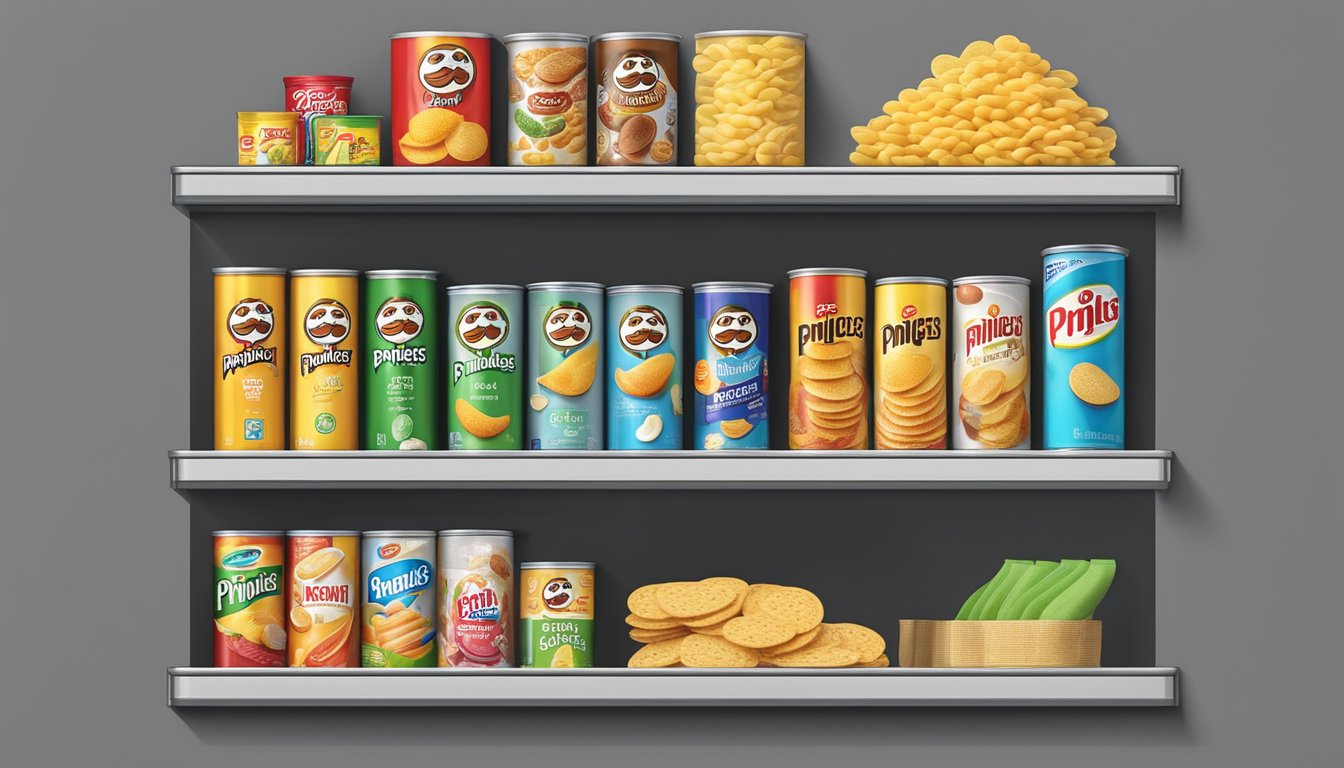 A pantry shelf with neatly stacked Pringles cans, alongside other snacks and non-perishable items