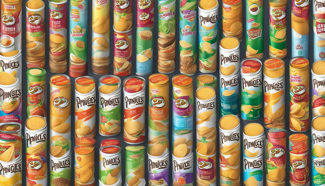 A stack of Pringles with a best before date label, surrounded by various food items, some spoiled and others fresh