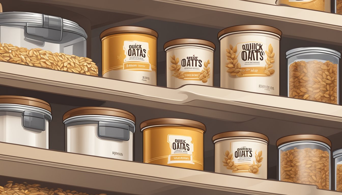 A sealed container of quick oats sits on a pantry shelf, surrounded by other dry goods. The label displays the expiration date