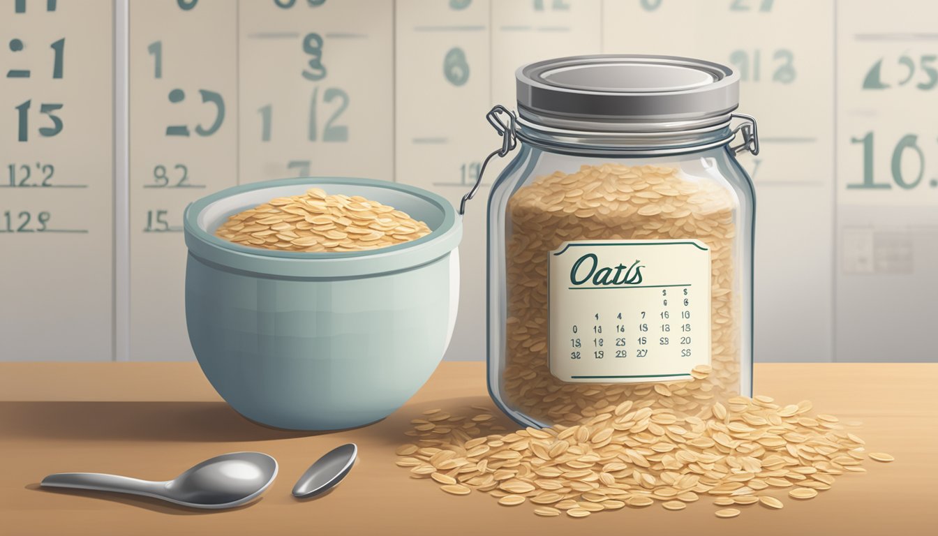 A jar of quick oats sits on a kitchen counter, next to a calendar showing the current date. The oats are sealed and unopened, suggesting freshness