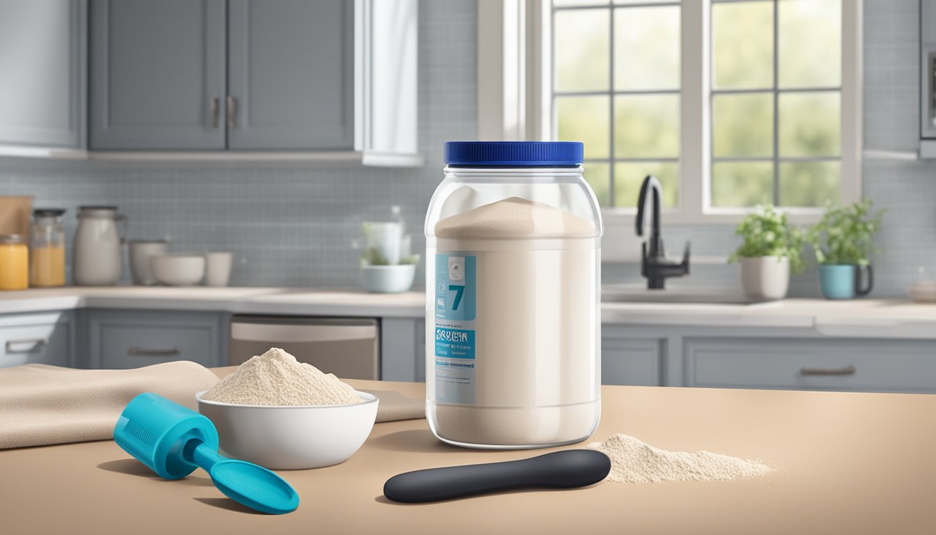 A jar of protein powder sits on a clean kitchen counter next to a measuring scoop and a shaker bottle. The lid is tightly sealed, and the expiration date is visible on the label