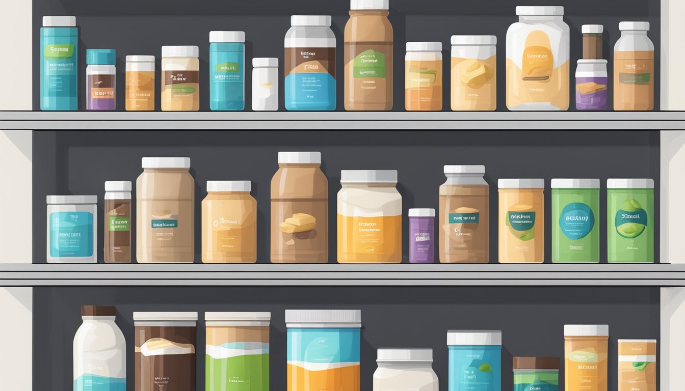 A pantry shelf with various protein powder containers, some open and partially used, others still sealed