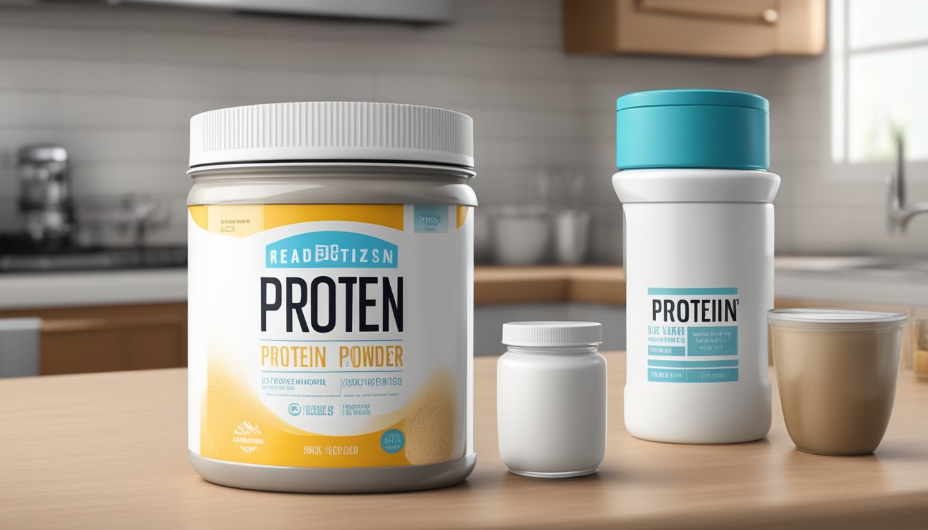 A sealed container of protein powder with an expiration date visible on the label, placed on a clean and organized kitchen counter