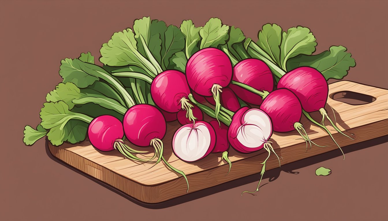 A bunch of fresh radishes sitting on a wooden cutting board, surrounded by scattered green leaves and a few loose dirt particles