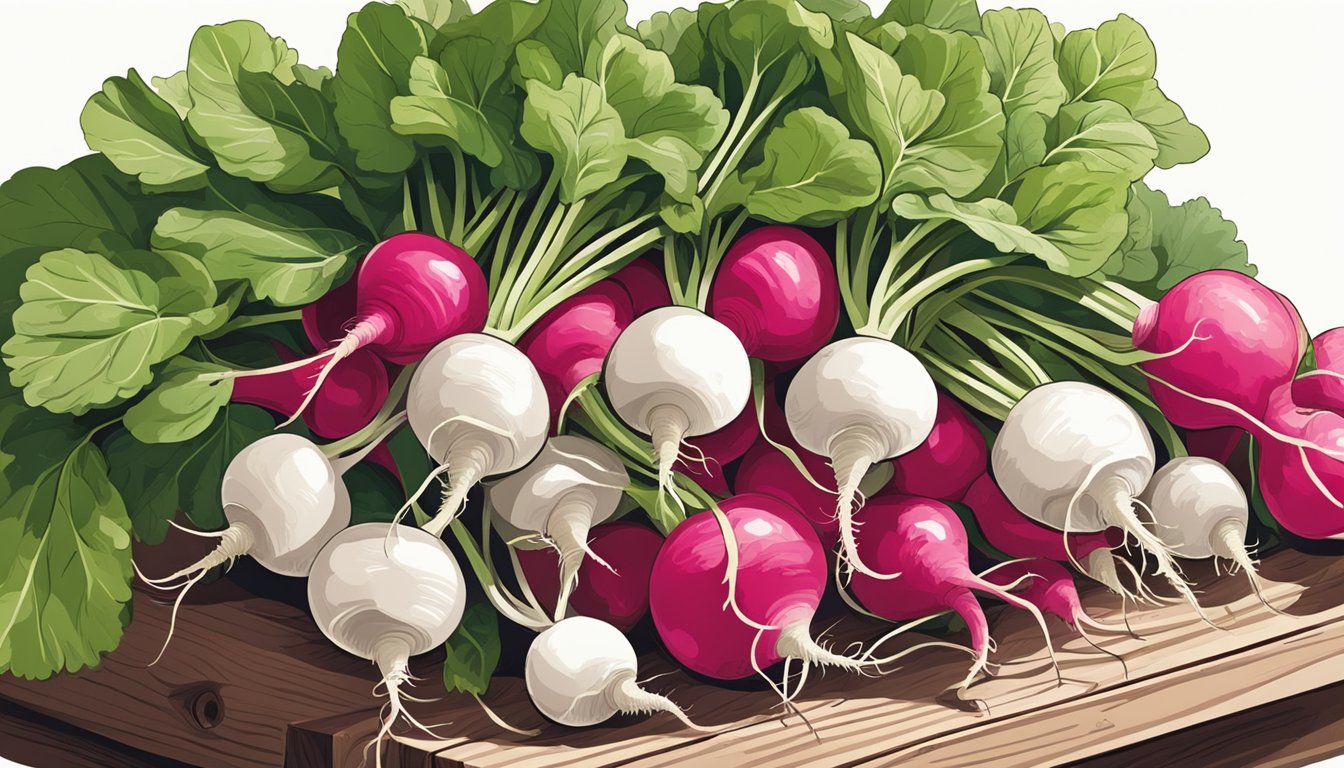 A pile of radishes sitting on a wooden shelf, some with green leaves still attached, others bare. A few small roots peek out from the bottom