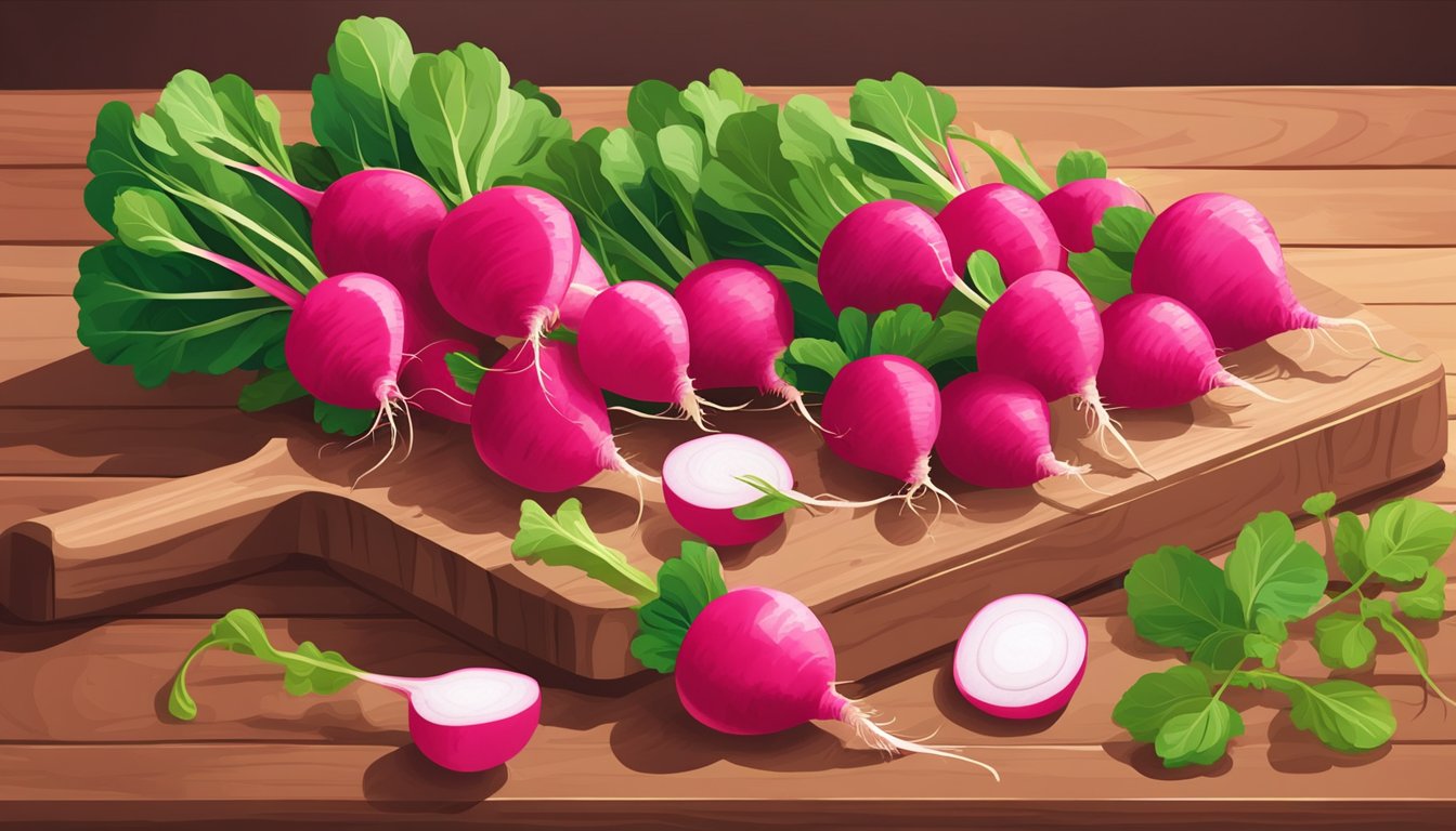 A bunch of fresh radishes with vibrant green leaves, arranged on a wooden cutting board. A few radishes are partially cut to show the freshness