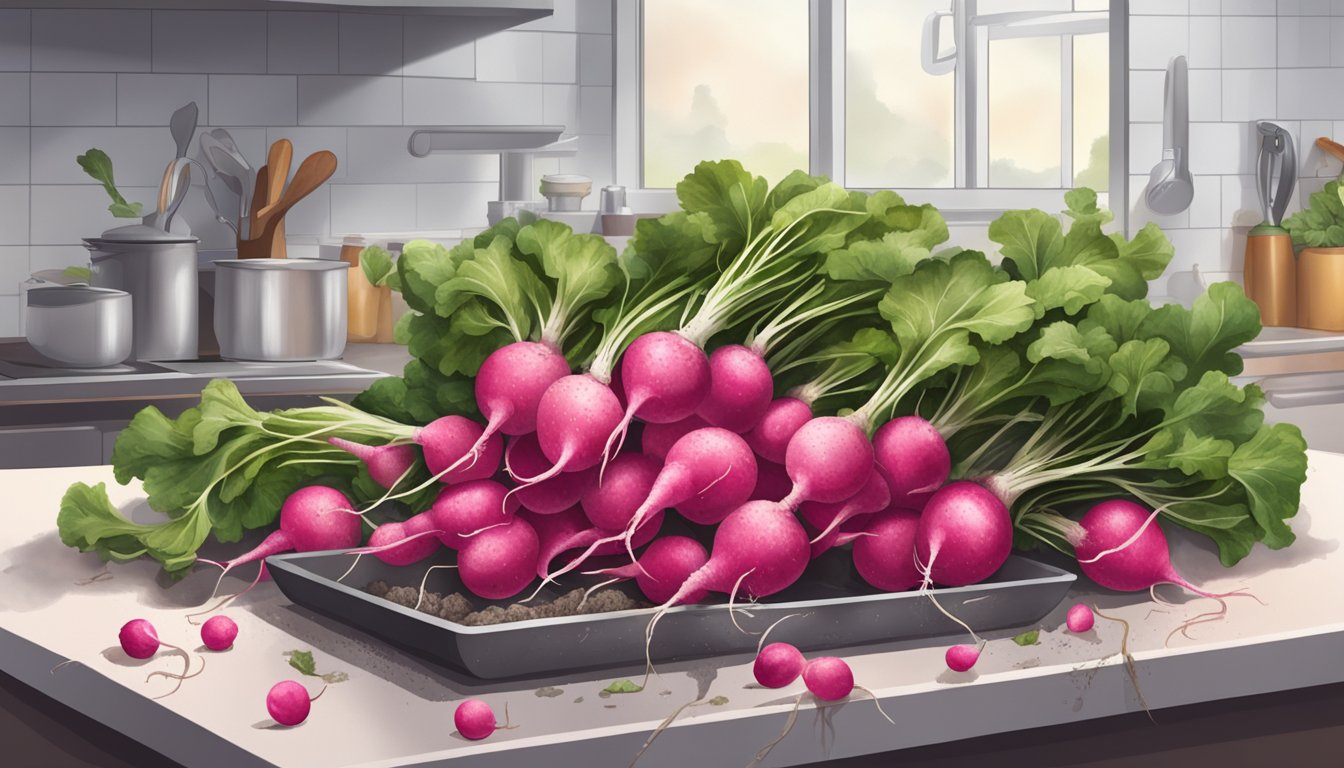 A pile of rotting radishes on a kitchen counter, surrounded by mold and emitting a foul odor