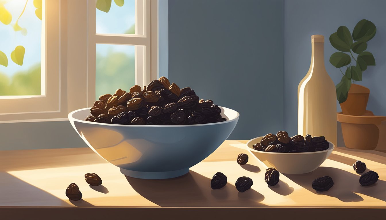 A bowl of raisins sits on a kitchen counter, surrounded by sunlight streaming through a window. The raisins appear plump and slightly wrinkled, with a few scattered on the counter