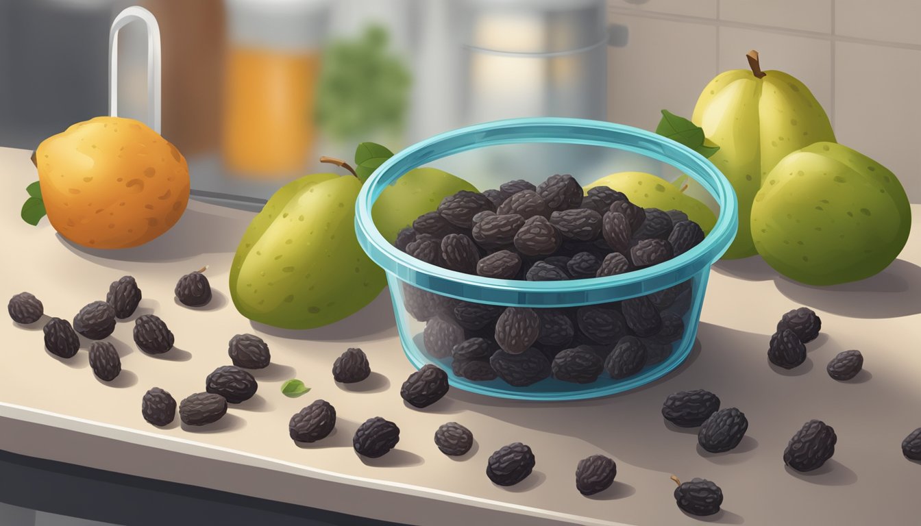 A cluster of shriveled, moldy raisins sits in an open container on a kitchen counter, surrounded by fruit flies