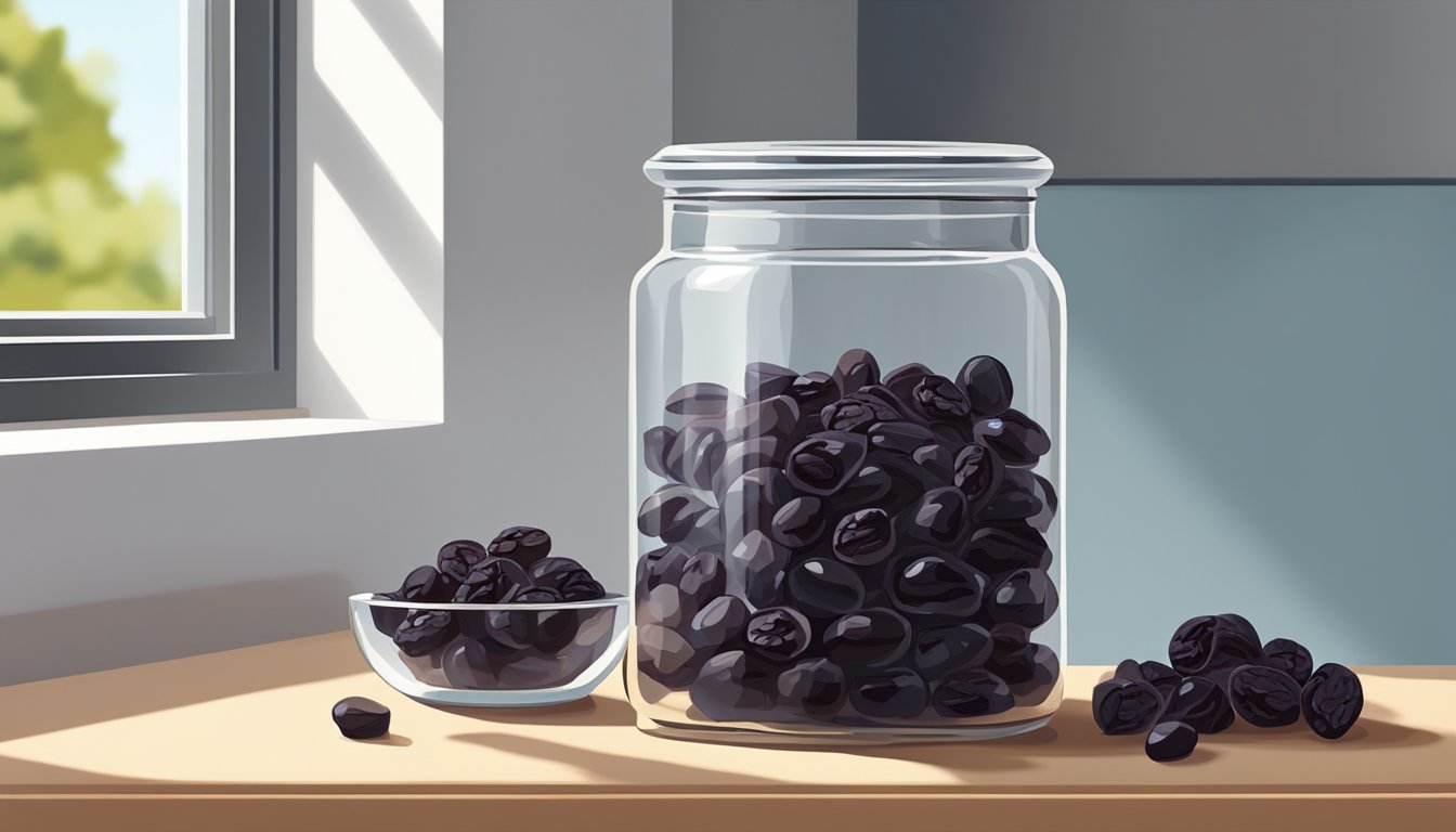 A clear glass jar filled with plump, dark raisins sits on a kitchen counter, bathed in natural light from a nearby window