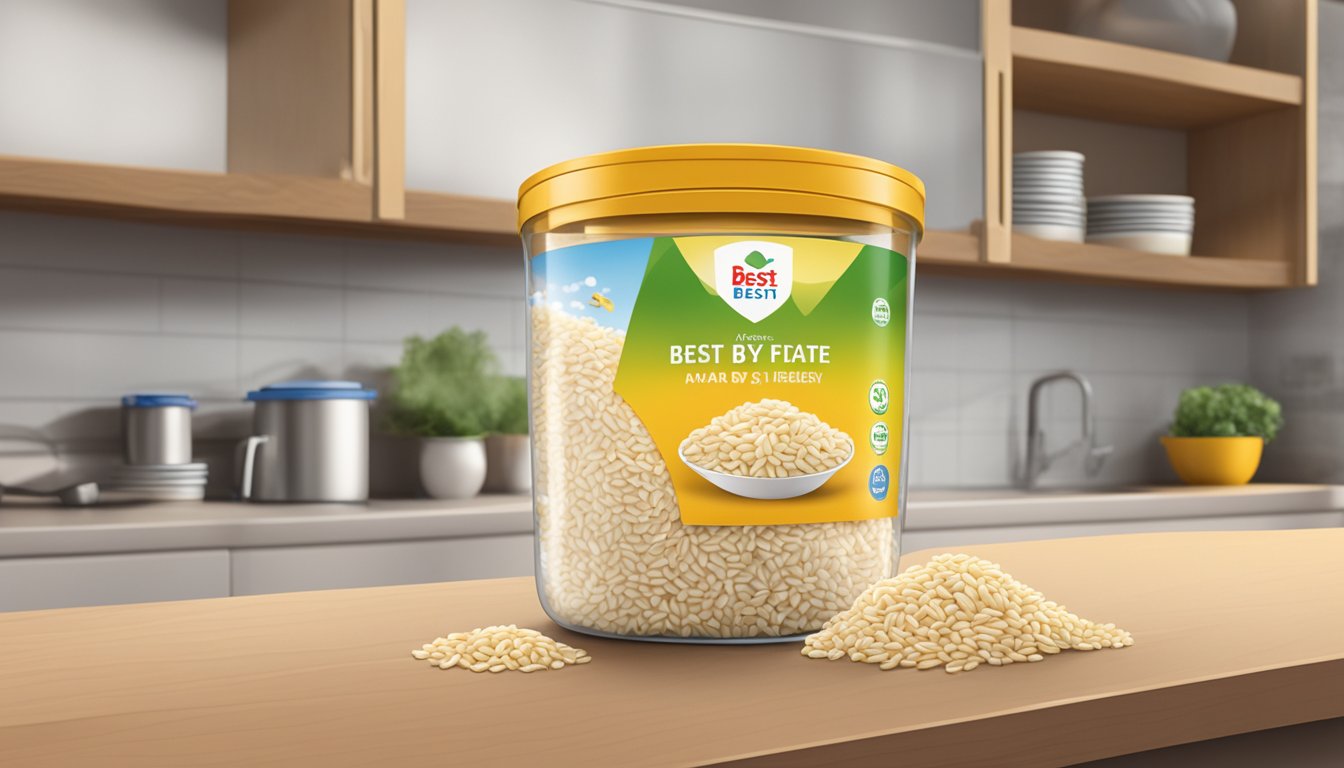 Puffed rice in a sealed container, with a "best by" date visible on the packaging, sitting on a kitchen shelf