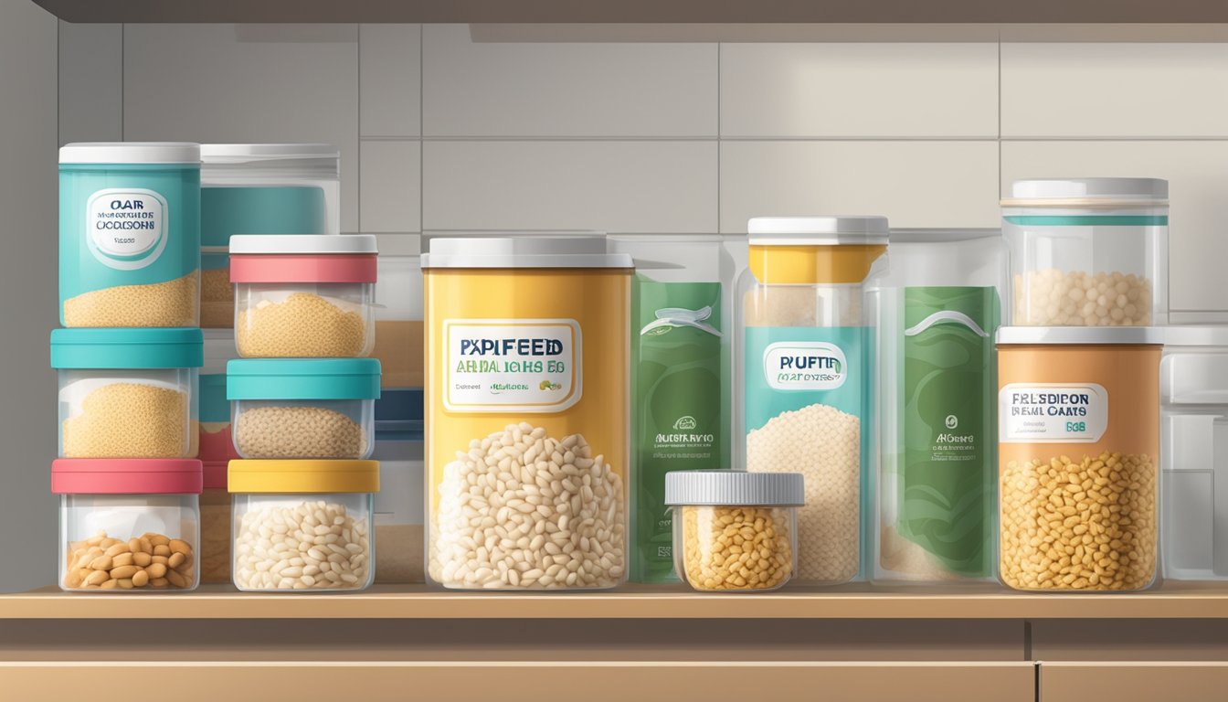 A clear, airtight container of puffed rice sits on a kitchen shelf, surrounded by other dry goods. The label on the container indicates the expiration date