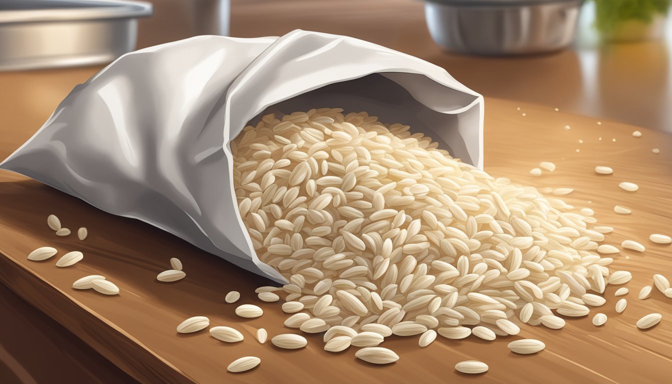 A bag of puffed rice sits on a kitchen counter, with a few grains scattered around. Mold and discoloration are visible on the rice