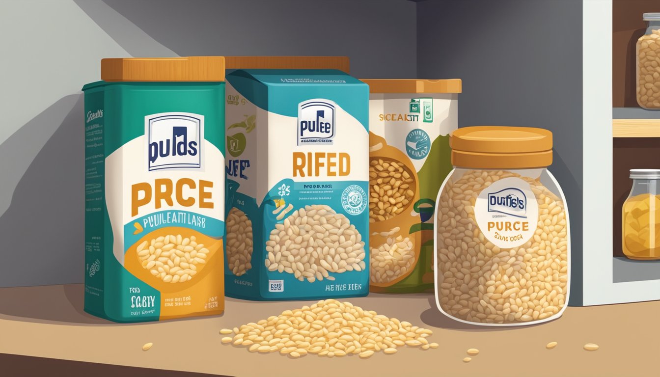 A sealed container of puffed rice sits on a shelf, surrounded by other pantry items. The expiration date is clearly visible on the packaging