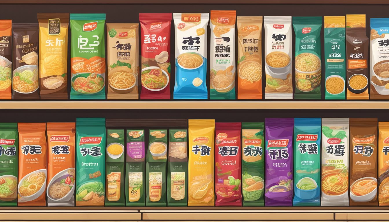 A pantry shelf with various ramen packets in different flavors and types, some packets open and partially used, others still sealed