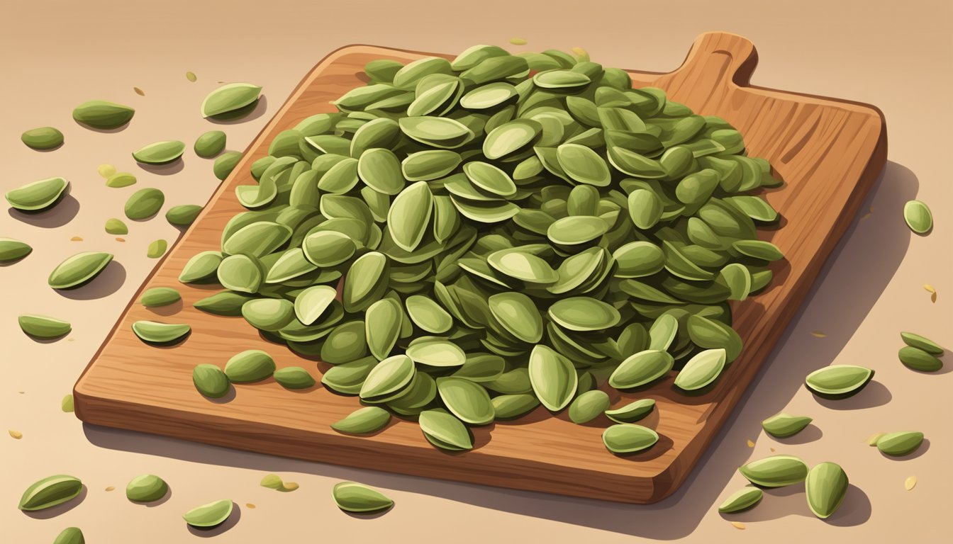 A pile of pumpkin seeds sits on a wooden cutting board, surrounded by scattered shells. A few seeds are spilling out of a small, open bag next to the pile