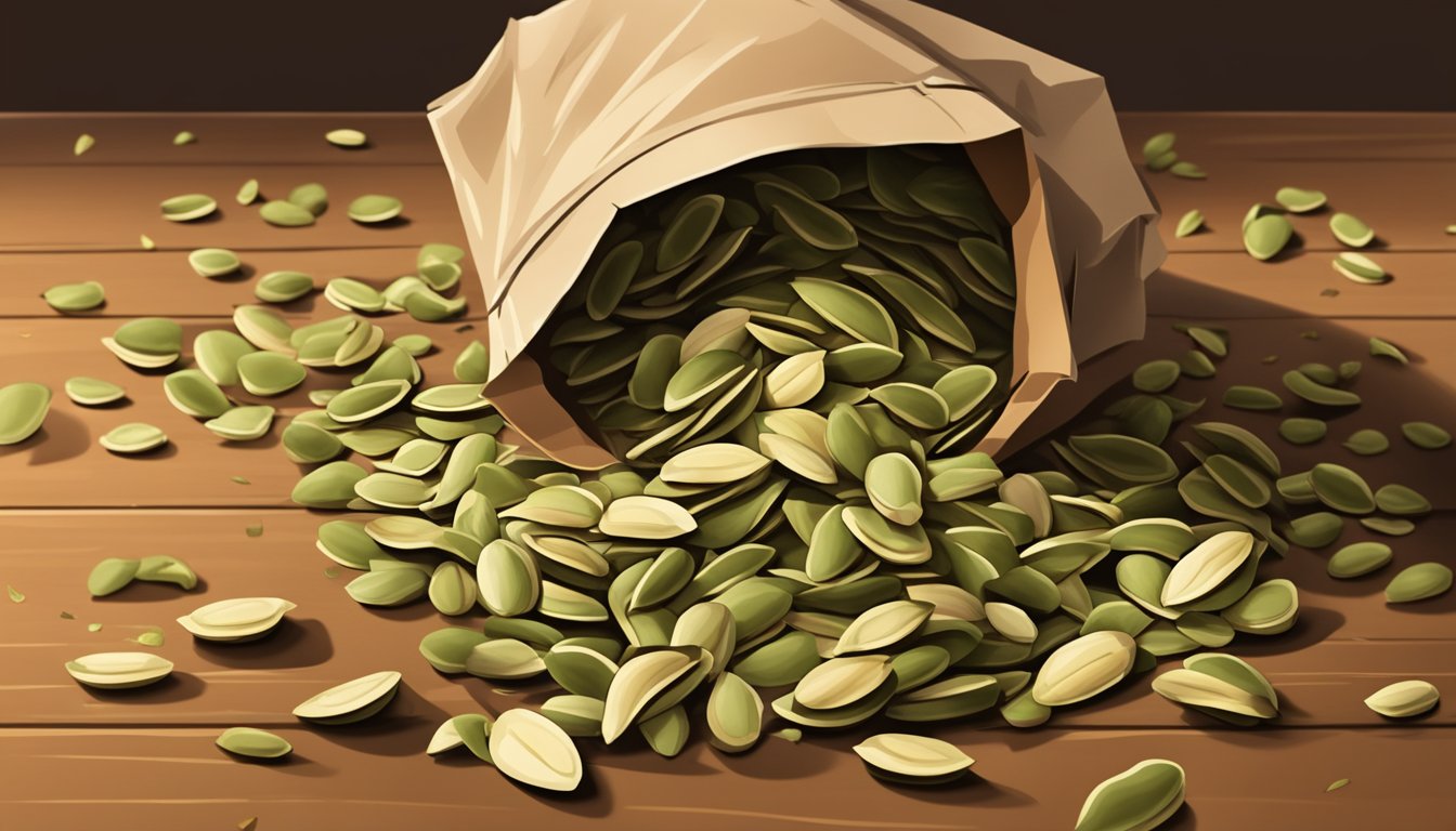 A pile of pumpkin seeds spilling out of a torn paper bag, some scattered on a wooden table, while others are still nestled inside the bag