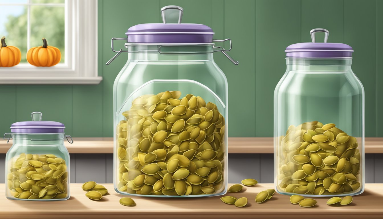 A glass jar filled with pumpkin seeds, sealed with a lid, placed on a kitchen shelf