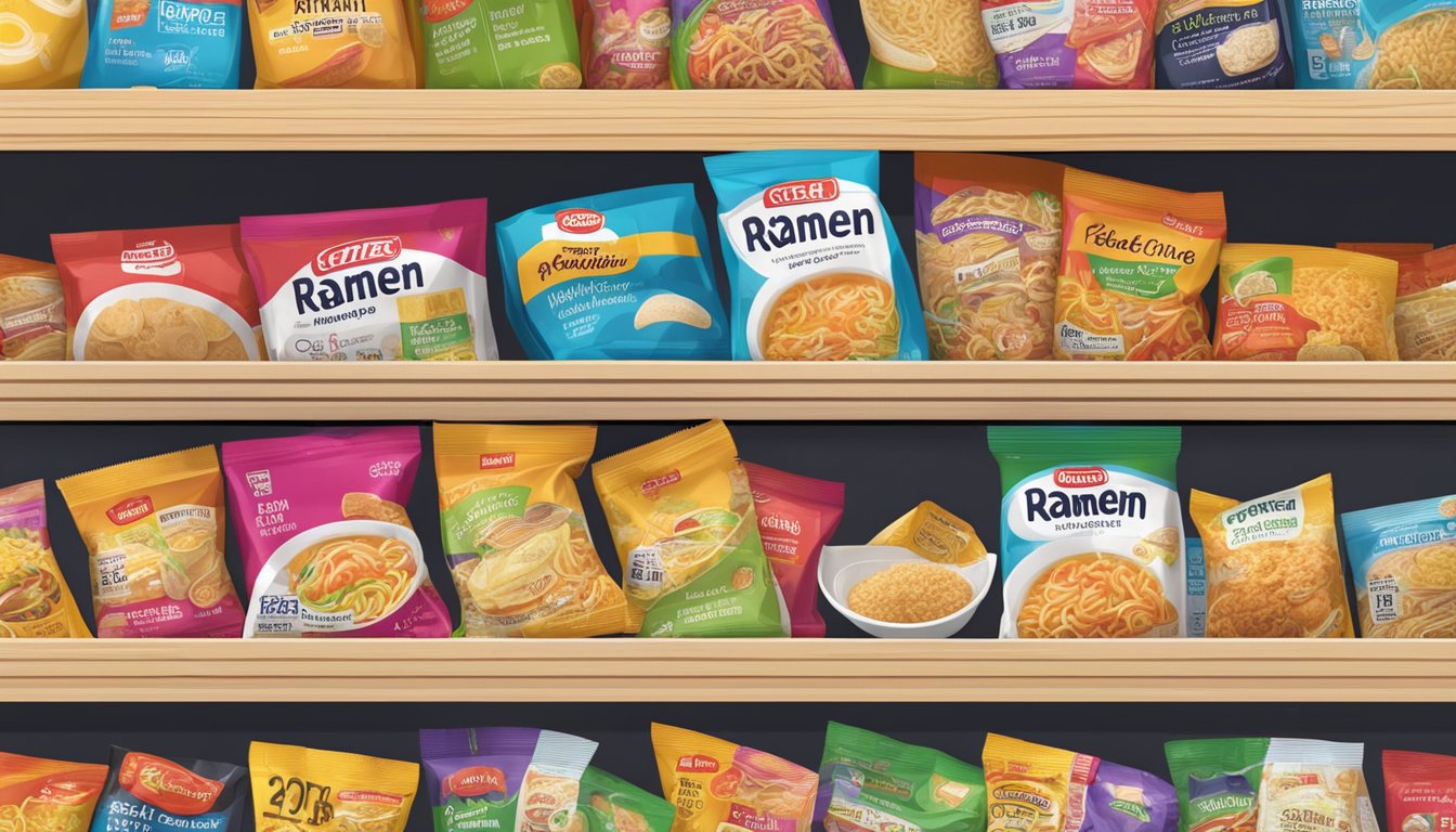 A pantry shelf with various ramen packets, some partially open, with expiration dates visible