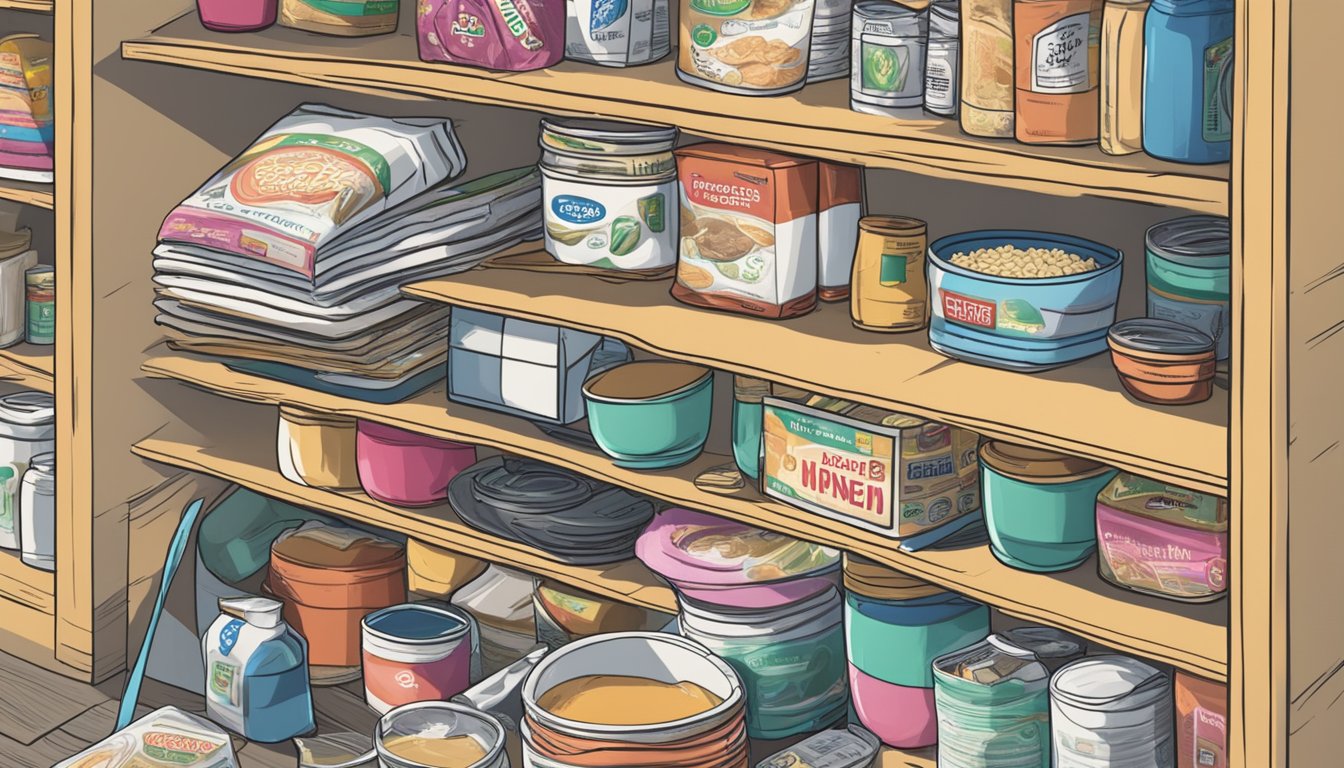 An open pantry shelf with expired ramen packets spilling out, surrounded by various art supplies and utensils