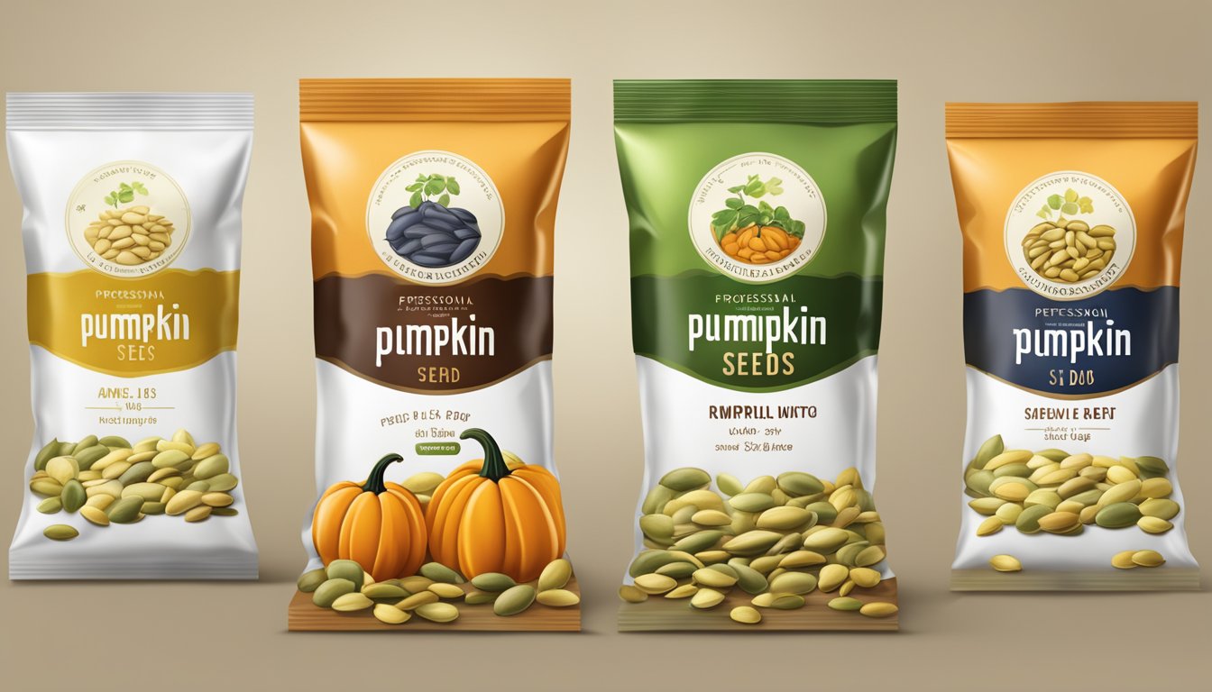 A variety of pumpkin seeds in different packaging, with expiration dates visible