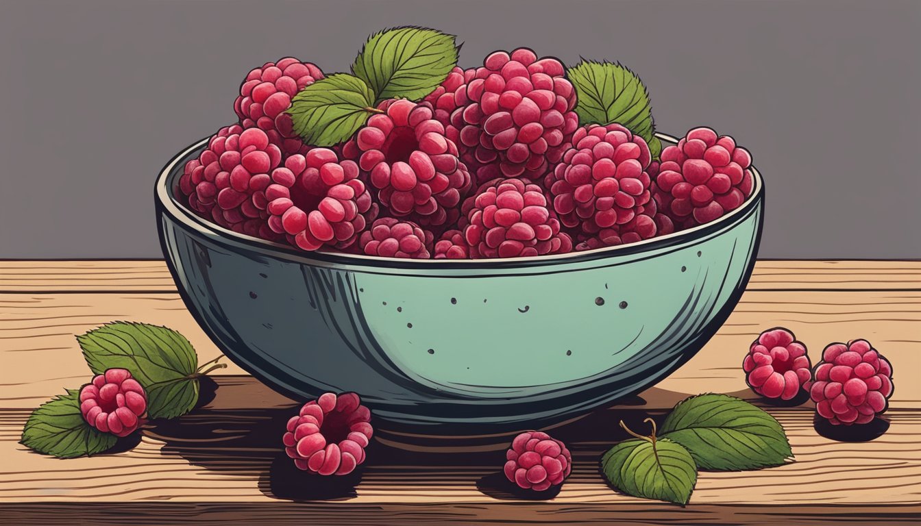 A bowl of ripe raspberries sits on a wooden table, some starting to show signs of decay while others remain plump and fresh