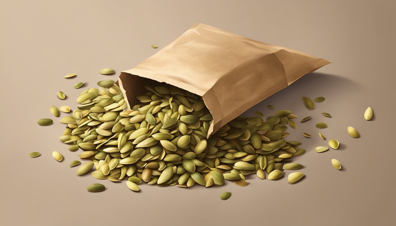 A pile of pumpkin seeds spilling out of a torn paper bag, some seeds starting to mold