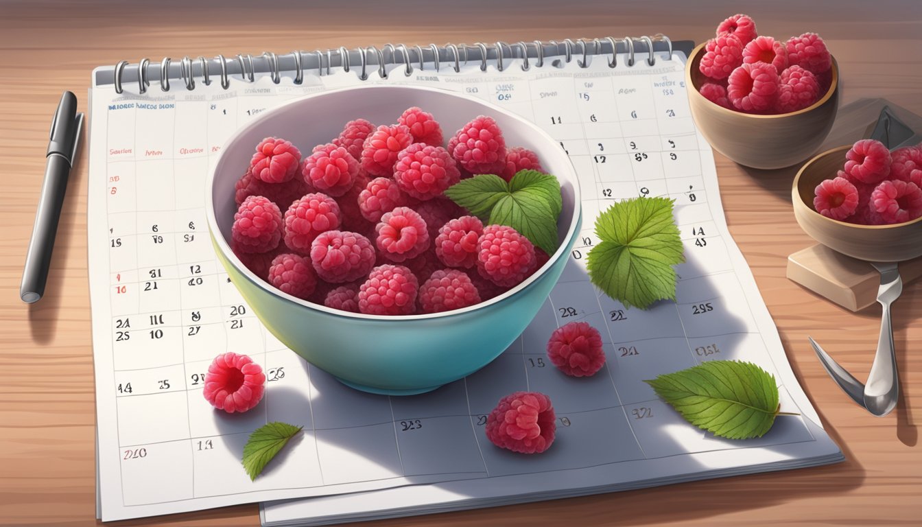 A bowl of fresh raspberries, some beginning to show signs of decay, sitting on a kitchen counter next to a calendar