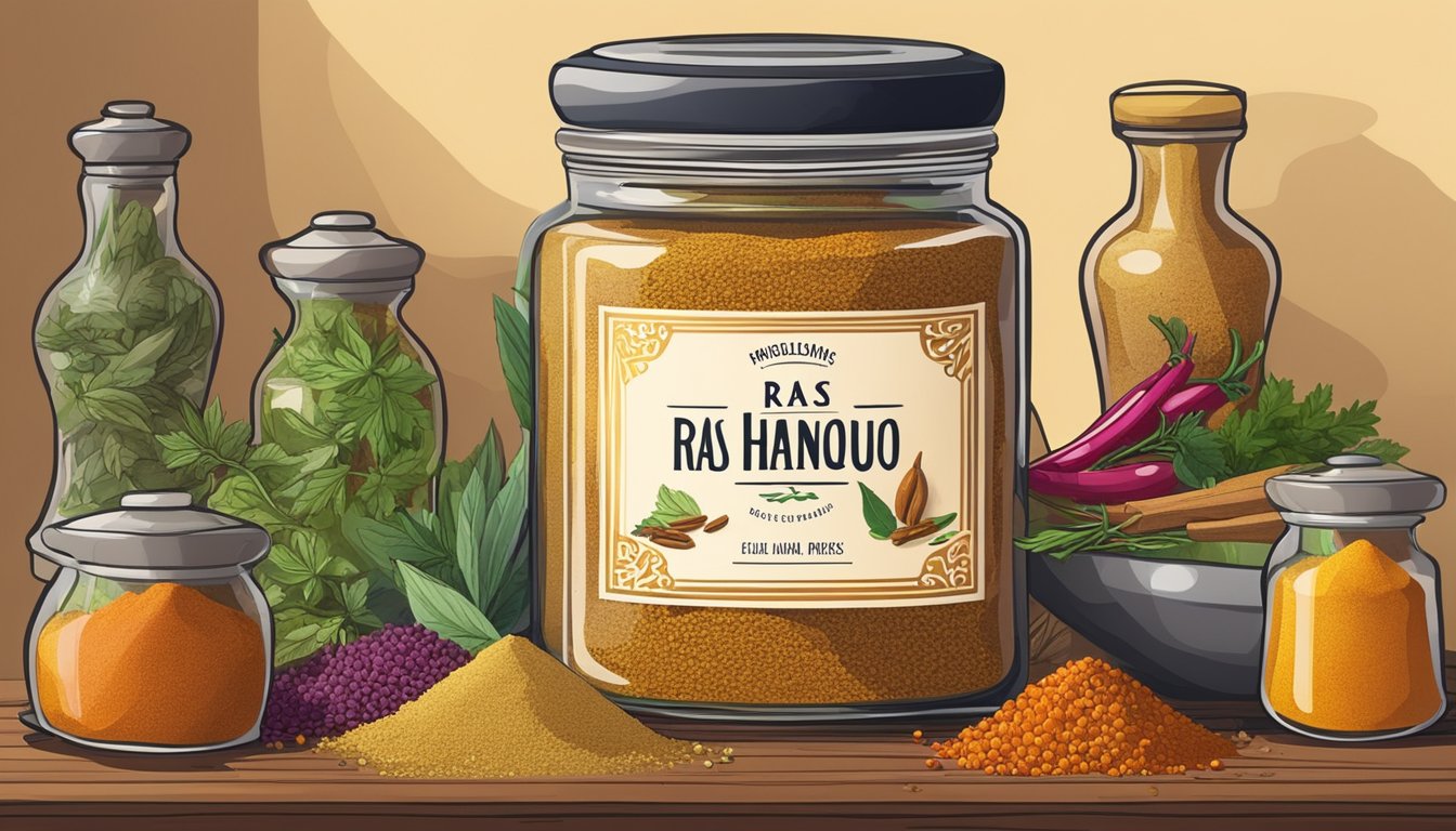 A jar of ras el hanout sits on a kitchen shelf, surrounded by colorful spices and herbs. Its rich aroma fills the air, hinting at the exotic flavors it will bring to the next culinary creation