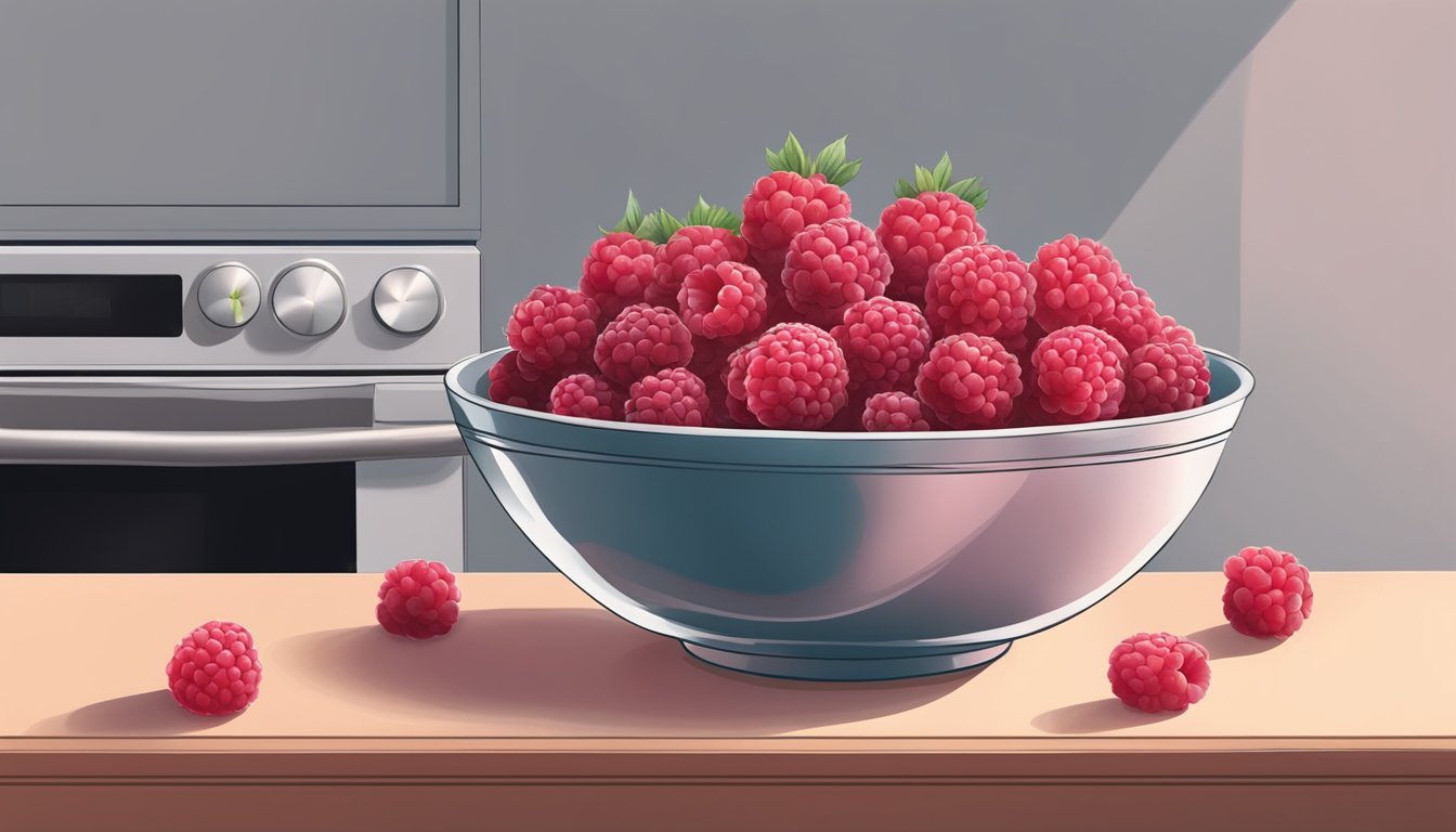 A bowl of raspberries sits on a kitchen counter at room temperature. Some berries are beginning to darken and soften