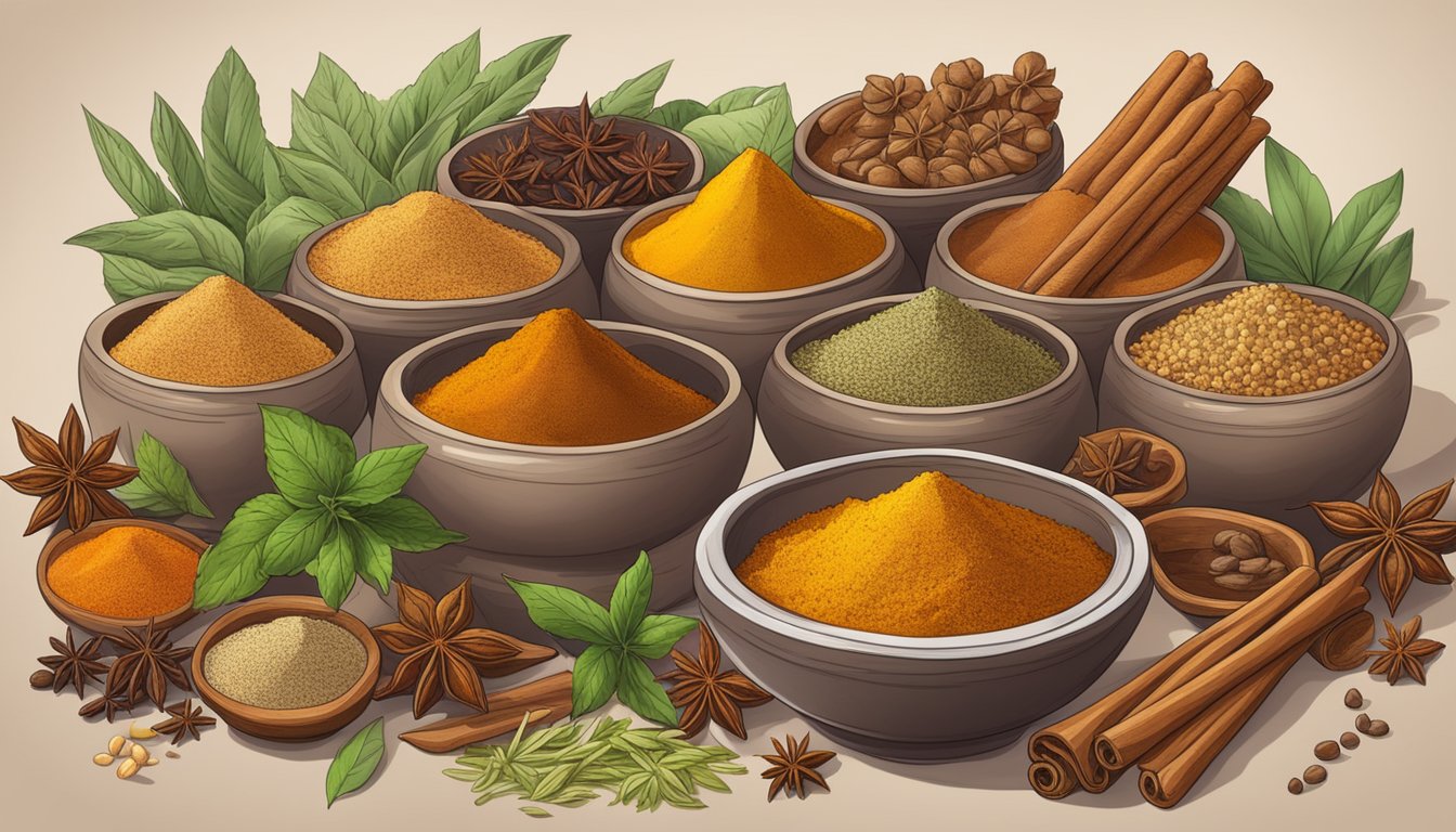 A colorful array of spices and herbs, including cinnamon, cumin, and coriander, are carefully blended together to create the aromatic mixture of Ras El Hanout