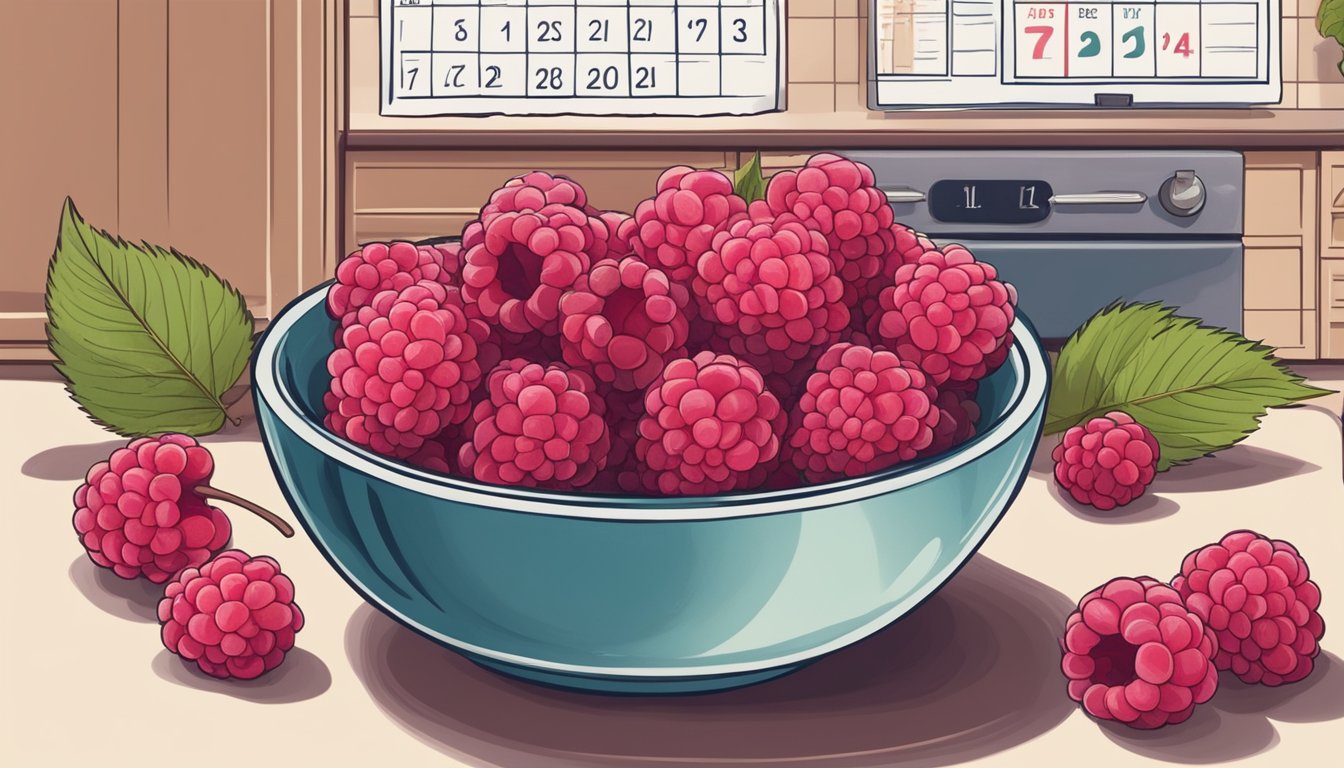 A bowl of ripe raspberries sits on a kitchen counter, surrounded by a few fallen berries and a calendar with the date circled