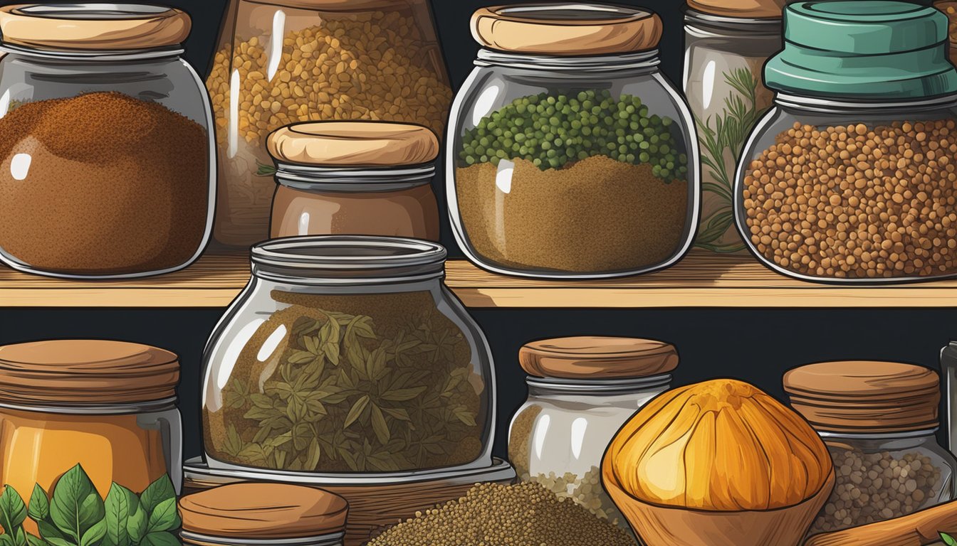 A jar of Ras El Hanout spice sits on a kitchen shelf, surrounded by other spices and herbs