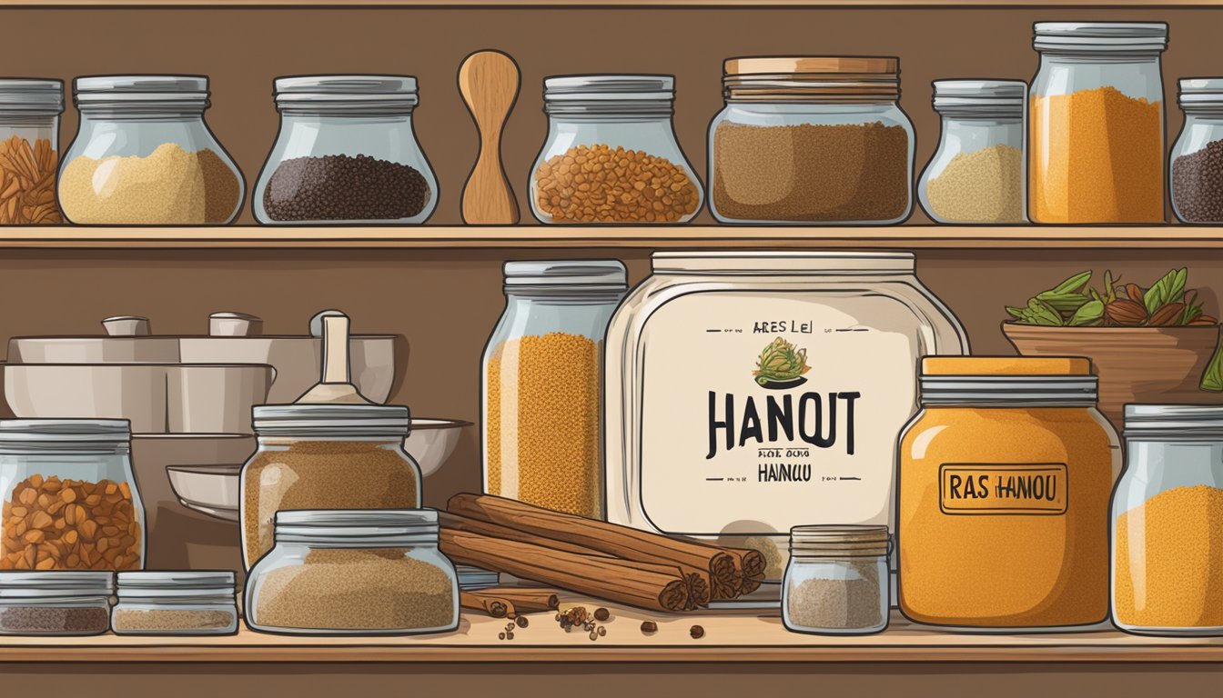 A jar of ras el hanout sits on a kitchen shelf, surrounded by spices and cooking utensils. The label on the jar indicates the date it was opened