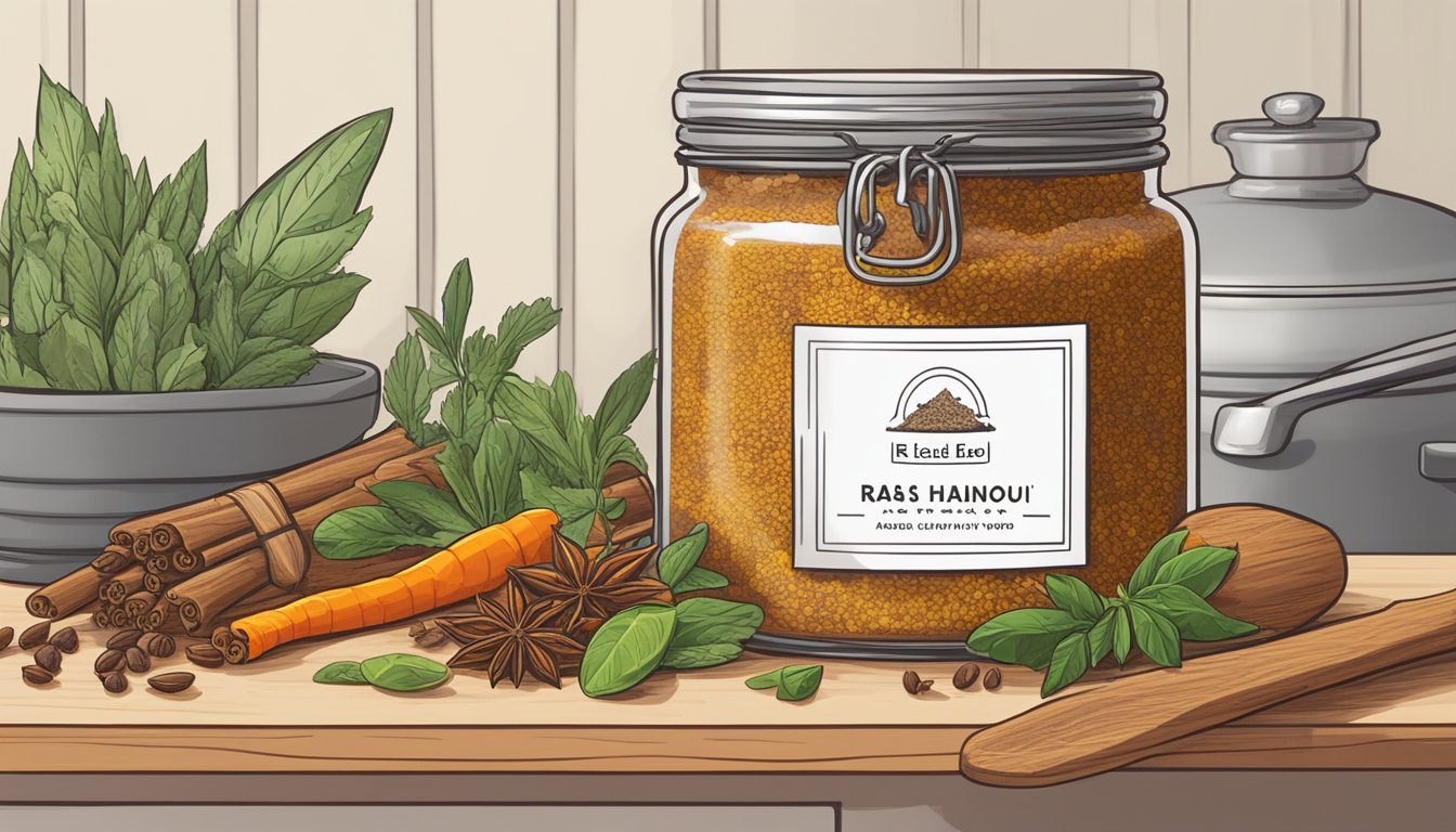 A jar of ras el hanout sits on a kitchen shelf, surrounded by vibrant spices and herbs. The label shows the expiration date, while the aroma fills the room