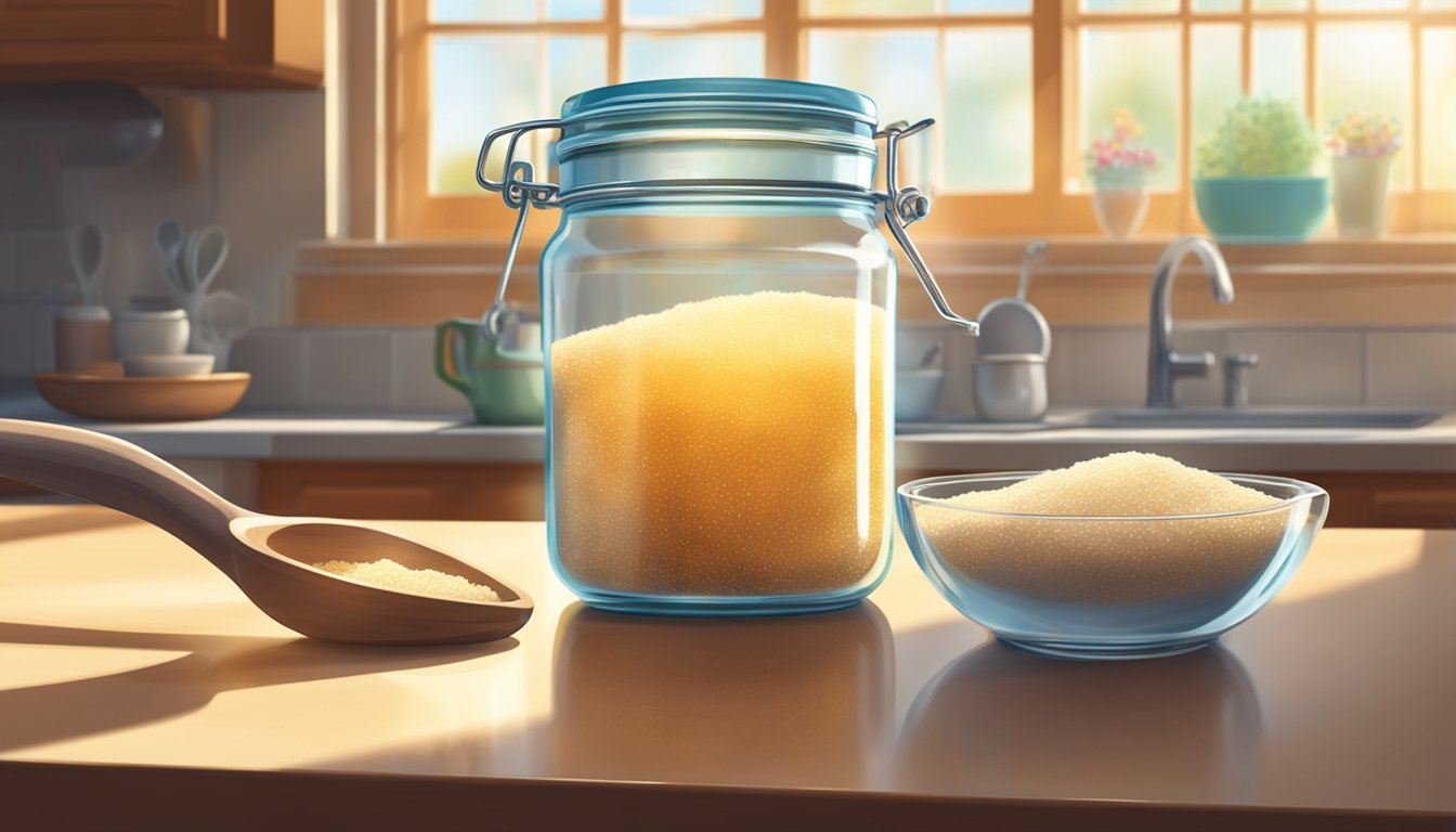 A glass jar filled with raw sugar sits on a kitchen counter, next to a small spoon and a measuring cup. Sunlight streams through the window, casting a warm glow on the granules