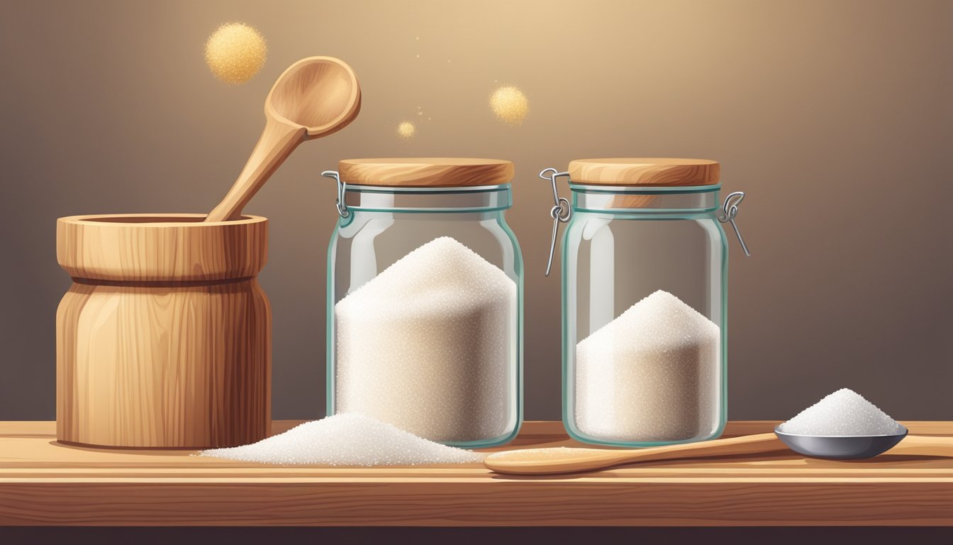 A glass jar filled with raw sugar sits on a wooden shelf, next to a scoop and a small pile of spilled sugar