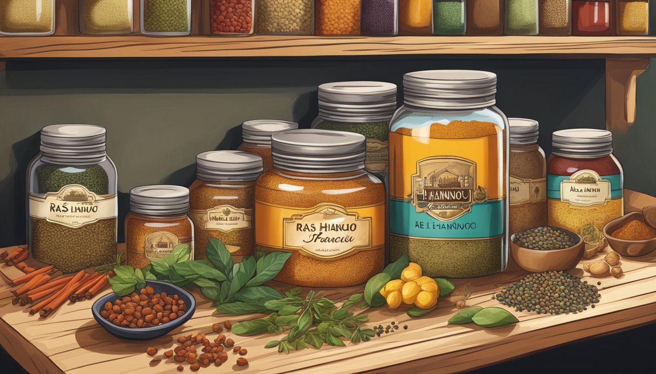 A jar of ras el hanout sits on a kitchen shelf, surrounded by colorful spices and herbs. The warm, earthy aroma fills the air, evoking images of exotic cuisines and rich flavors