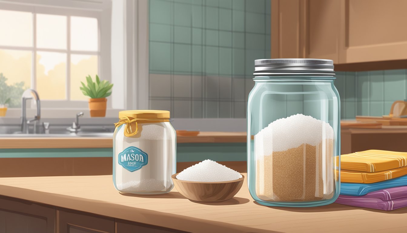 A mason jar filled with raw sugar sits on a kitchen counter, next to a bag of sugar. A calendar hangs on the wall, with a date circled