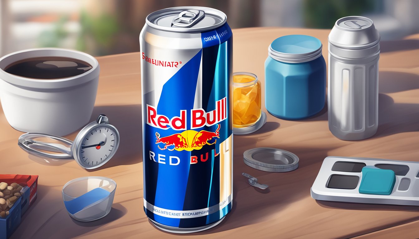 A can of Red Bull sits on a table next to a stopwatch, with ingredients like caffeine and taurine displayed around it