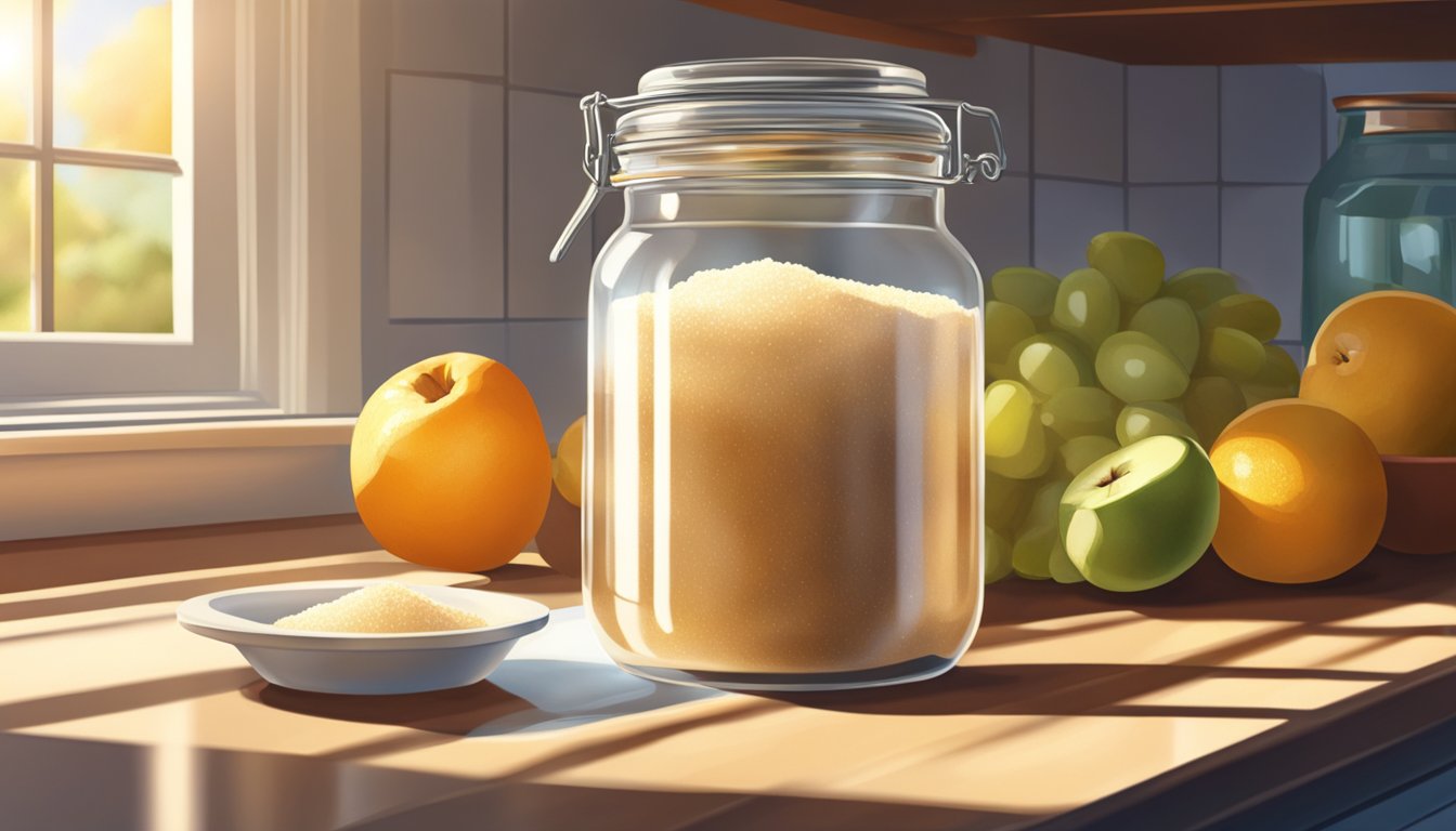 A glass jar of raw sugar sits on a kitchen counter, next to a bowl of fresh fruit. Sunlight streams in through the window, casting a warm glow on the scene