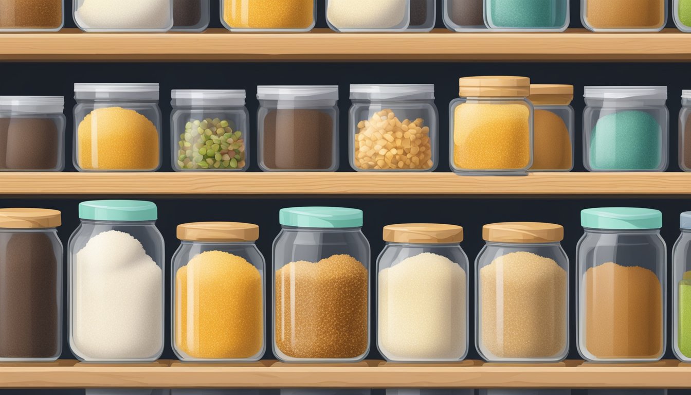 A glass jar filled with raw sugar, sealed with a tight-fitting lid, placed in a cool, dry pantry