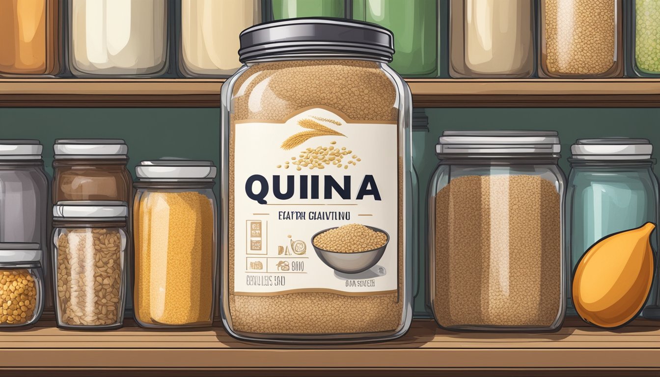 A jar of quinoa flakes sits on a kitchen shelf, surrounded by other pantry items. The label on the jar indicates the expiration date