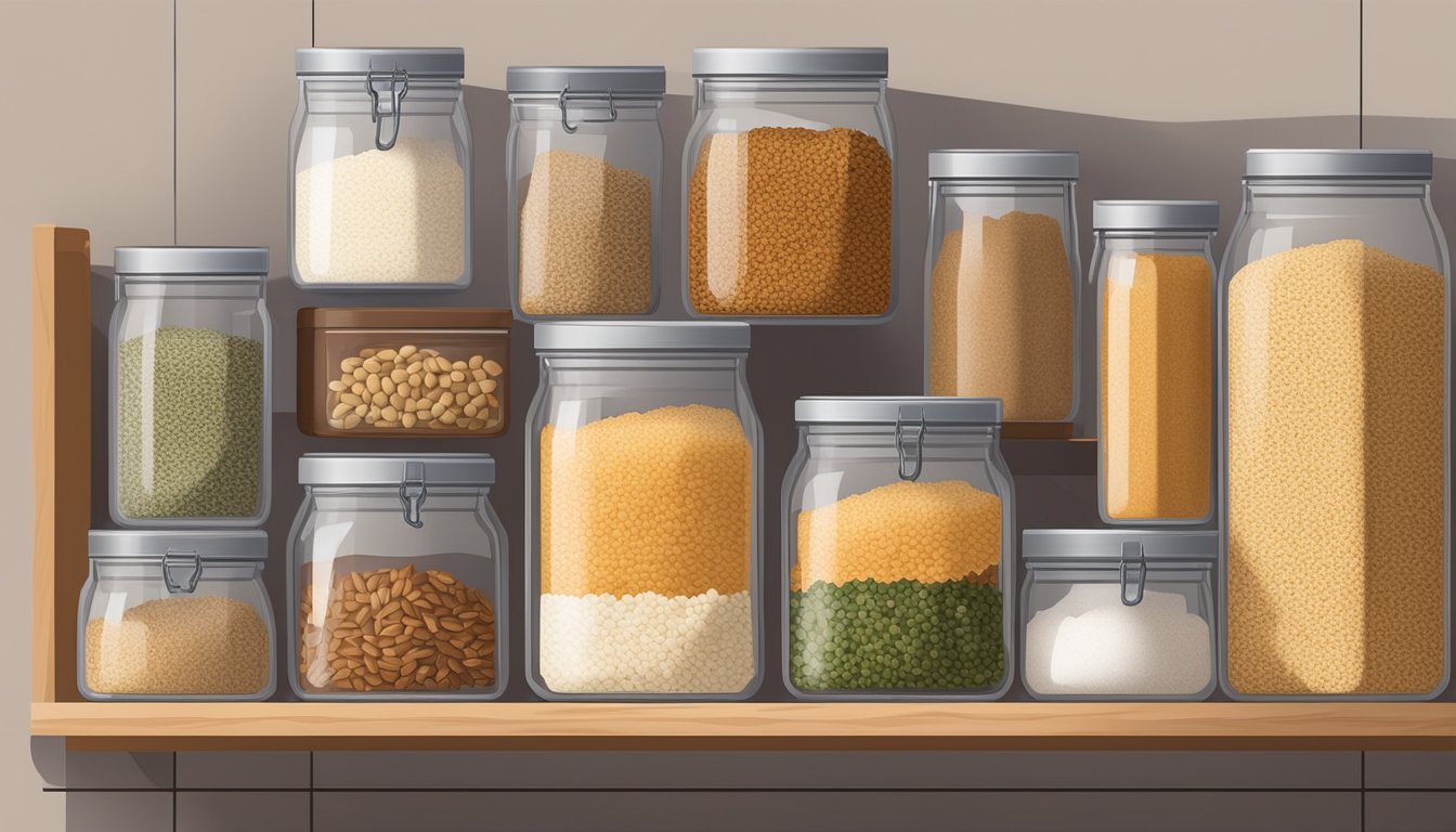 A pantry shelf with a tightly sealed container of quinoa flakes, surrounded by other dry goods and ingredients