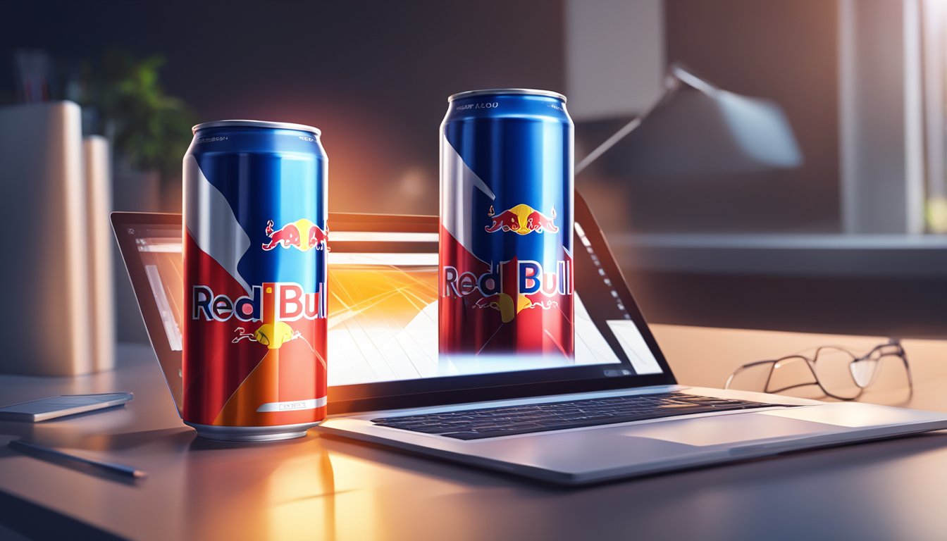 A can of Red Bull Energy Drink sits on a sleek, modern table next to a stopwatch and a laptop. Rays of light beam down, suggesting a burst of energy and heightened performance