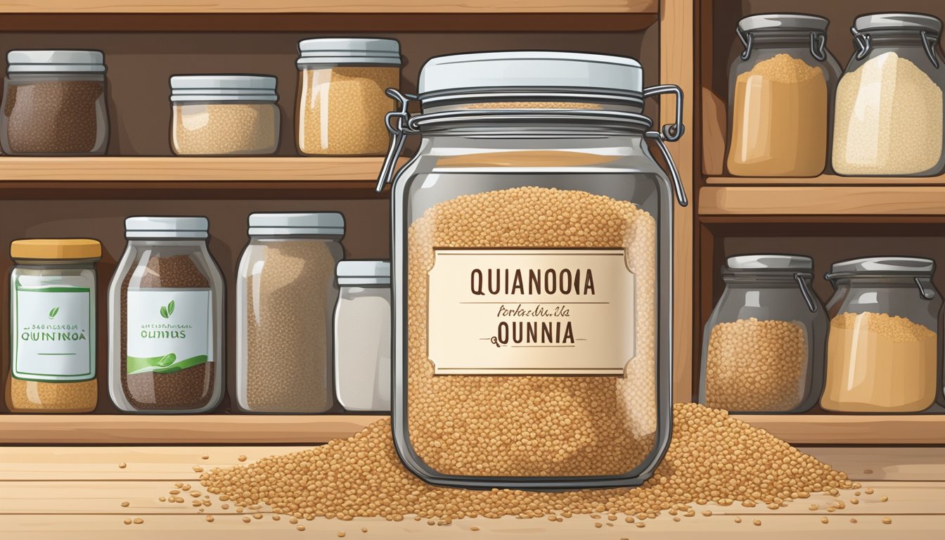 A clear glass jar filled with quinoa flakes sits on a wooden shelf, surrounded by other pantry items. The label on the jar indicates the date of purchase