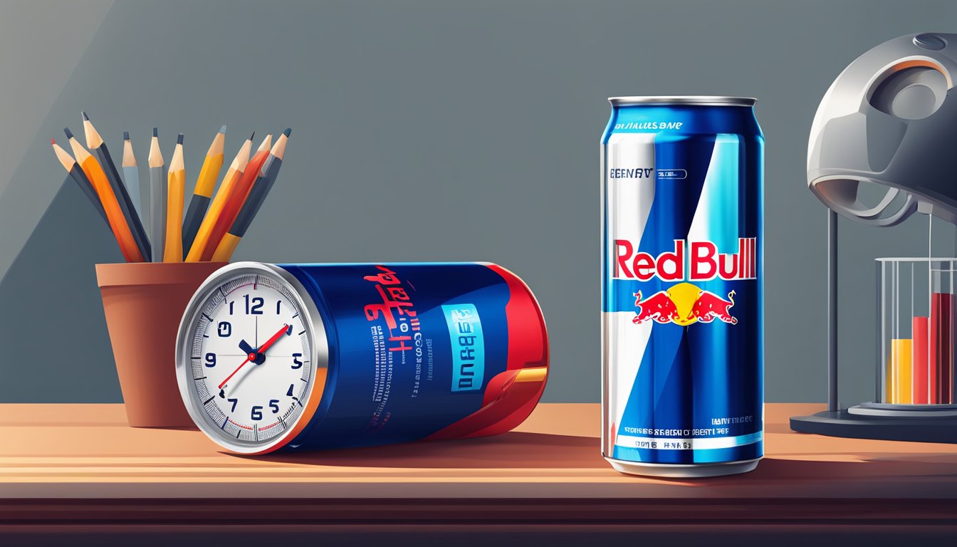 A can of Red Bull Energy Drink sits on a sleek, modern table next to a stopwatch, emphasizing the idea of lasting energy