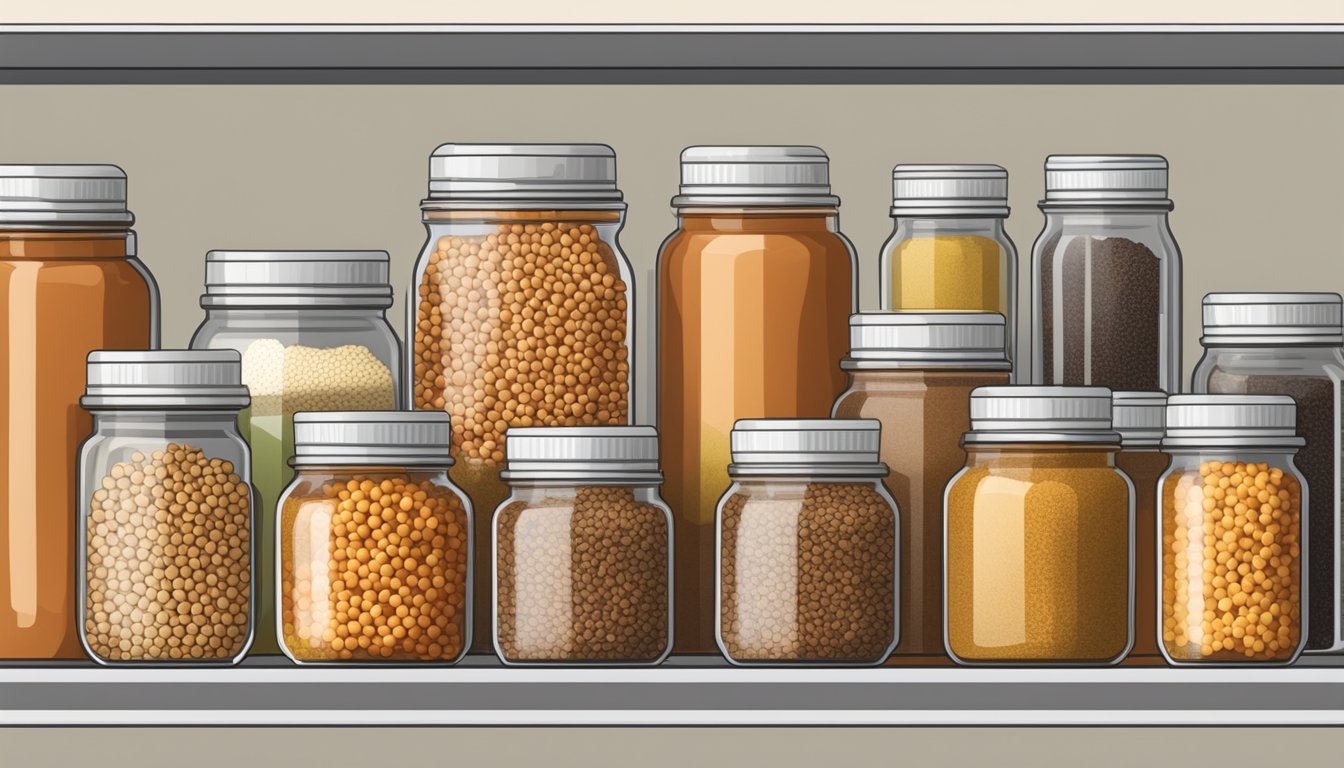 A glass jar filled with red lentils sits on a kitchen shelf, next to a row of neatly labeled spice jars