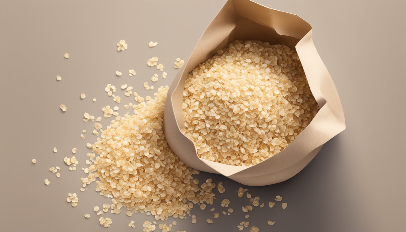 A bag of quinoa flakes sits open on a kitchen counter, with a few flakes spilling out. The flakes inside the bag appear discolored and clumped together, indicating spoilage