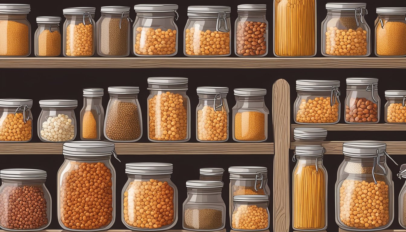 A glass jar filled with red lentils sits on a shelf, surrounded by other dry goods. The lid is tightly sealed, and the lentils appear fresh and unspoiled